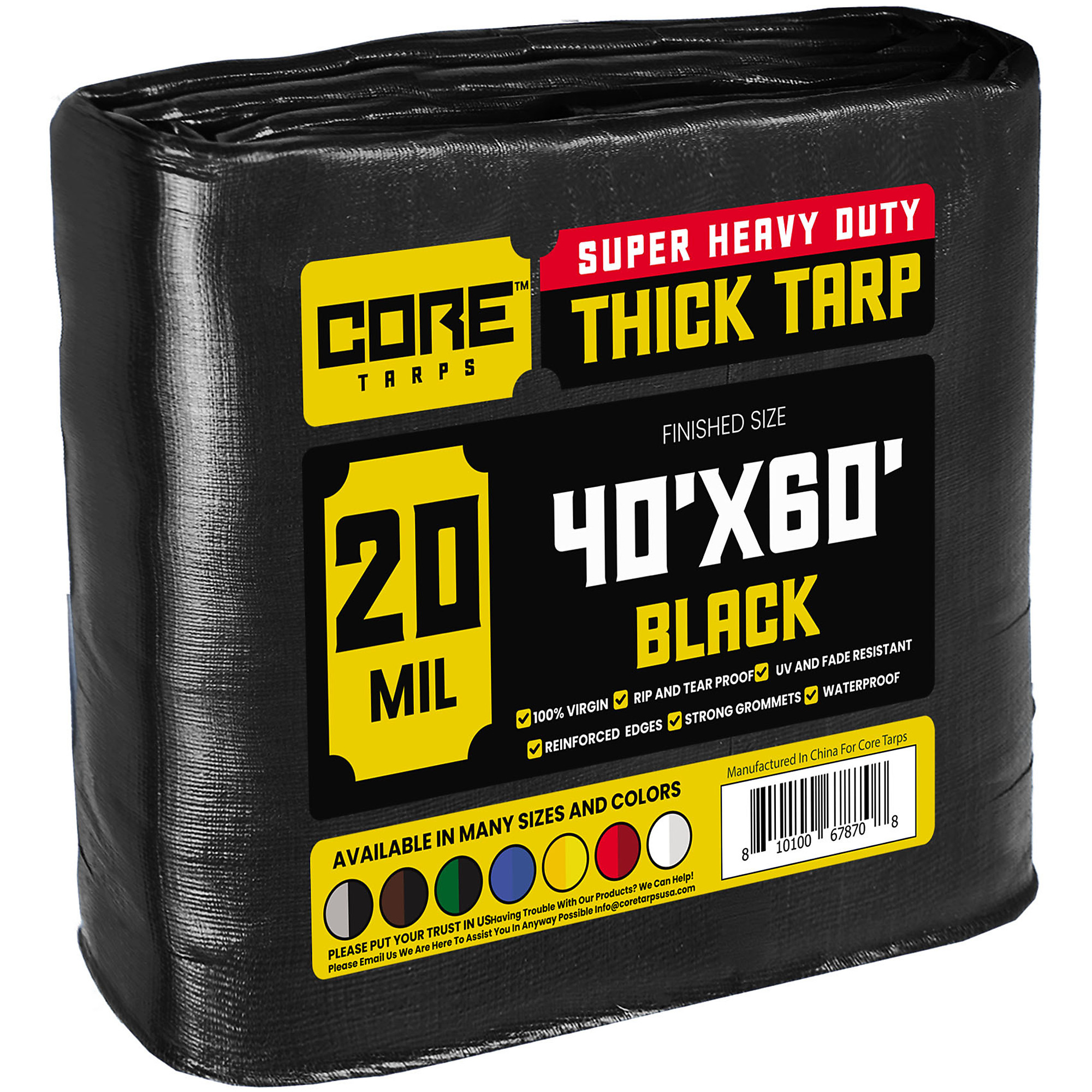 Core Tarps Extreme Heavy Duty 20 Mil Tarp Cover, Waterproof, UV Resistant, Rip and Tear Proof, Poly Tarpaulin with Reinforced Edges for Roof, Camping, Patio, Pool , Boat (Black 40' X 60')